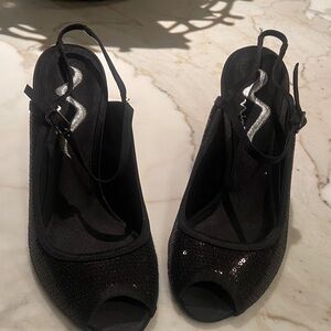 Nina Black Peep-Toe Heels